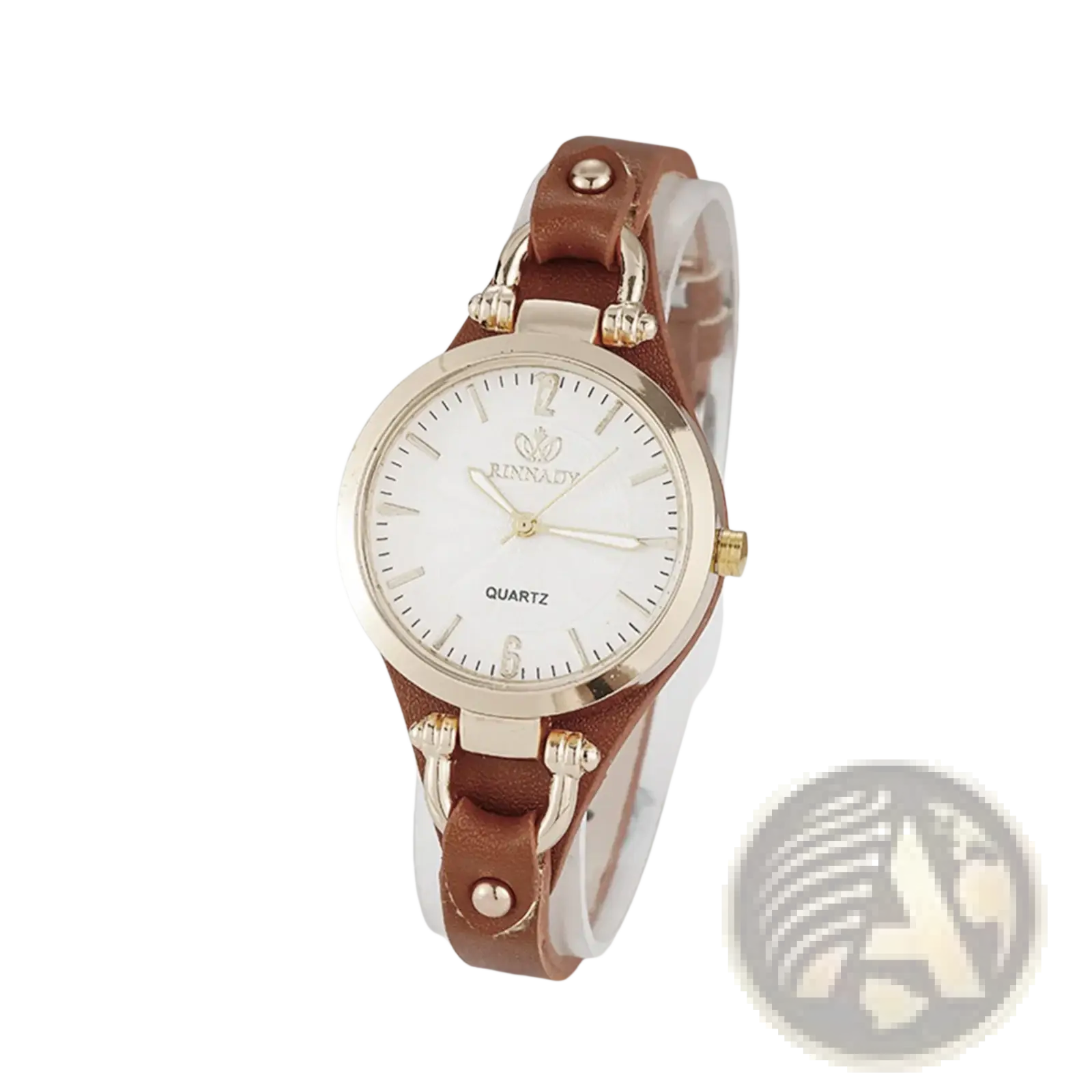 Women leather strap quartz watch with brown leather band gold tone metal accents and elegant white dial