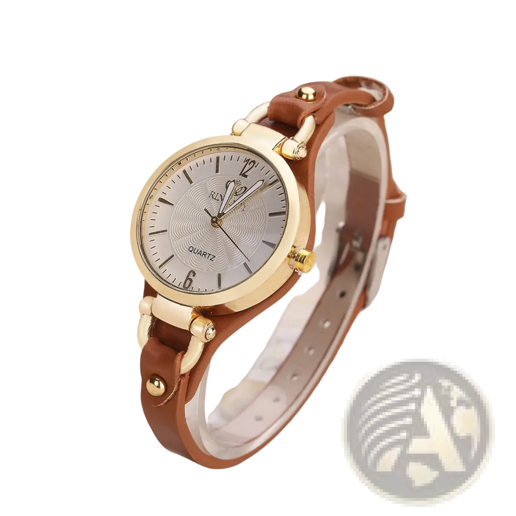 A women leather strap quartz watch with a gold-tone case, silver dial, and brown leather strap for elegant casual wear