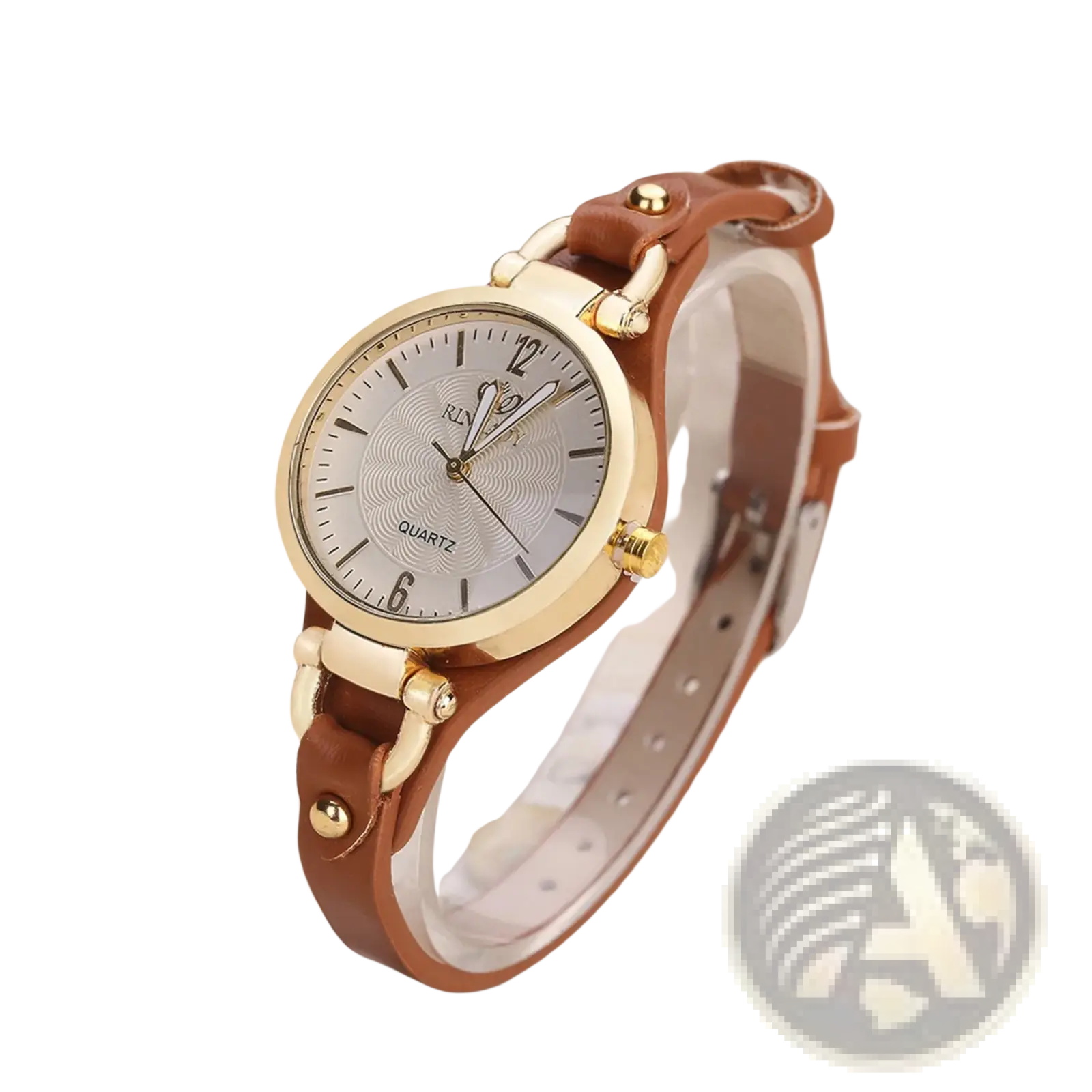 A women leather strap quartz watch with a gold-tone case, silver dial, and brown leather strap for elegant casual wear