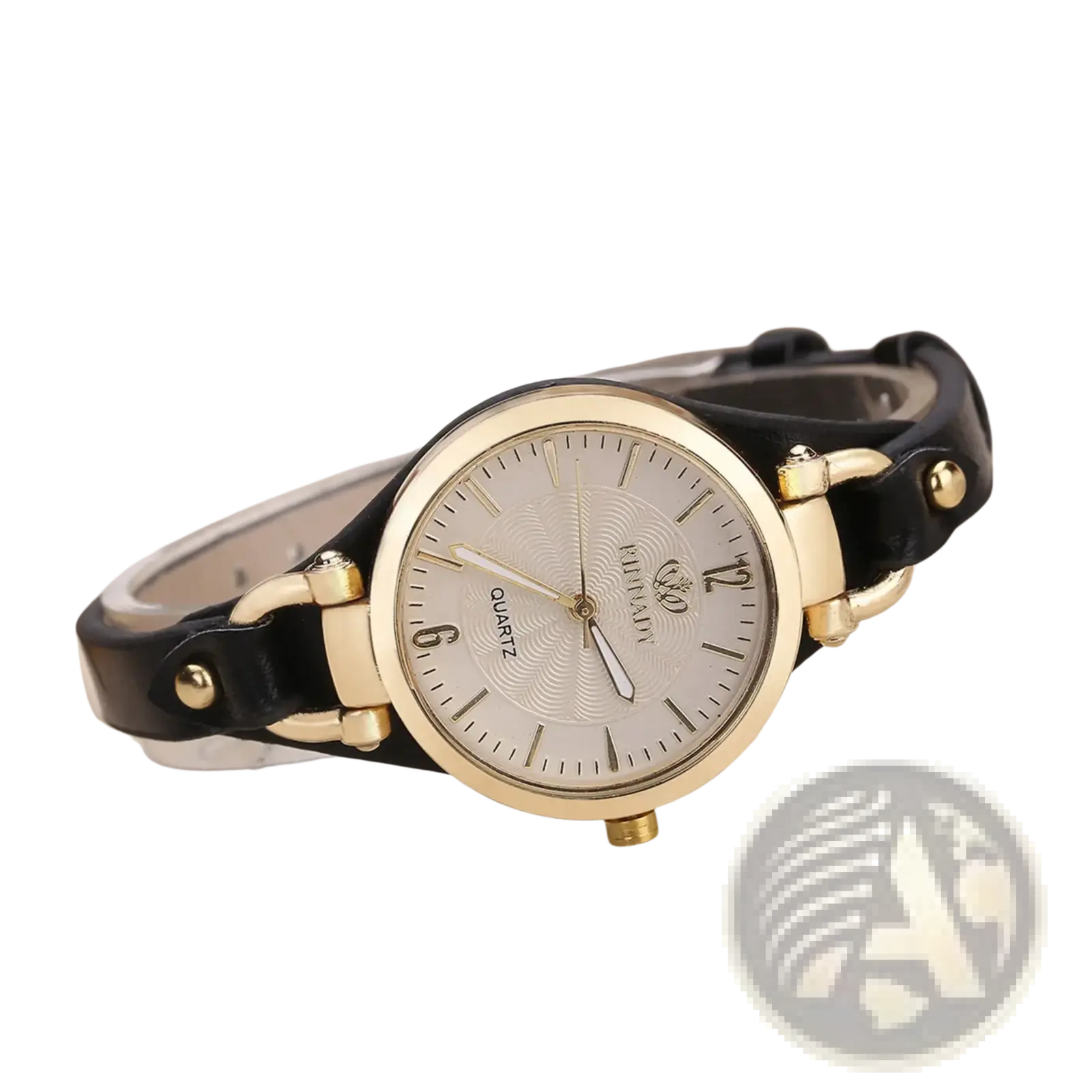 Gold-toned women leather strap quartz watch with black leather strap and silver dial featuring subtle wave patterns