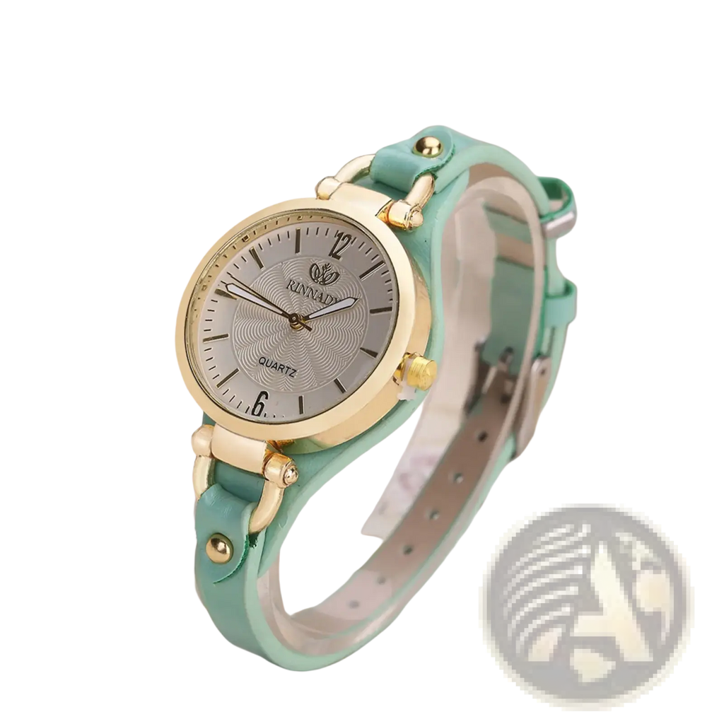Mint green leather strap women’s quartz watch with gold-tone case silver dial featuring brand name ranna elegant casual design