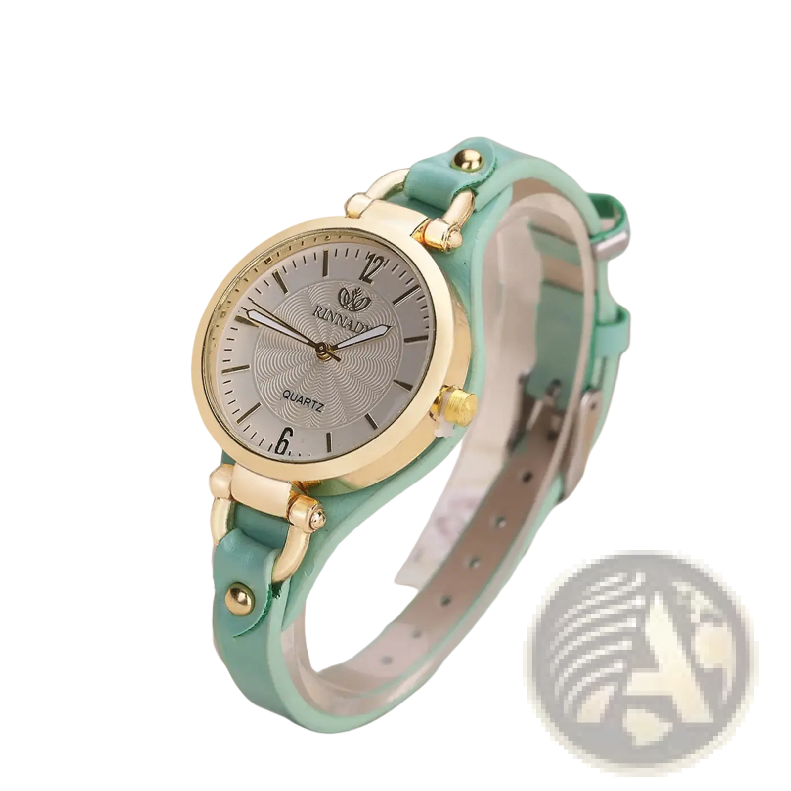 Mint green leather strap women’s quartz watch with gold-tone case silver dial featuring brand name ranna elegant casual design