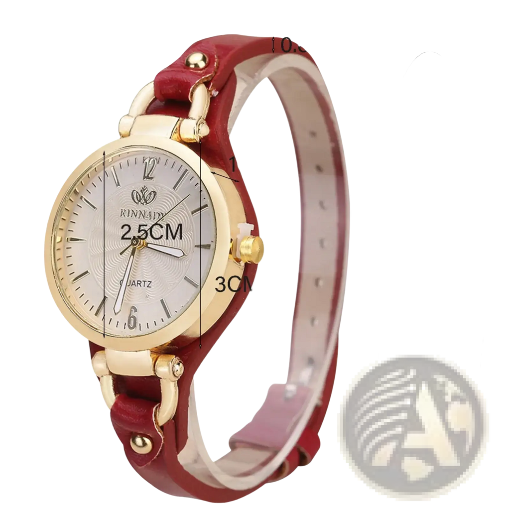 Women leather strap quartz watch with red leather band gold-tone case and silver dial with black hour markers