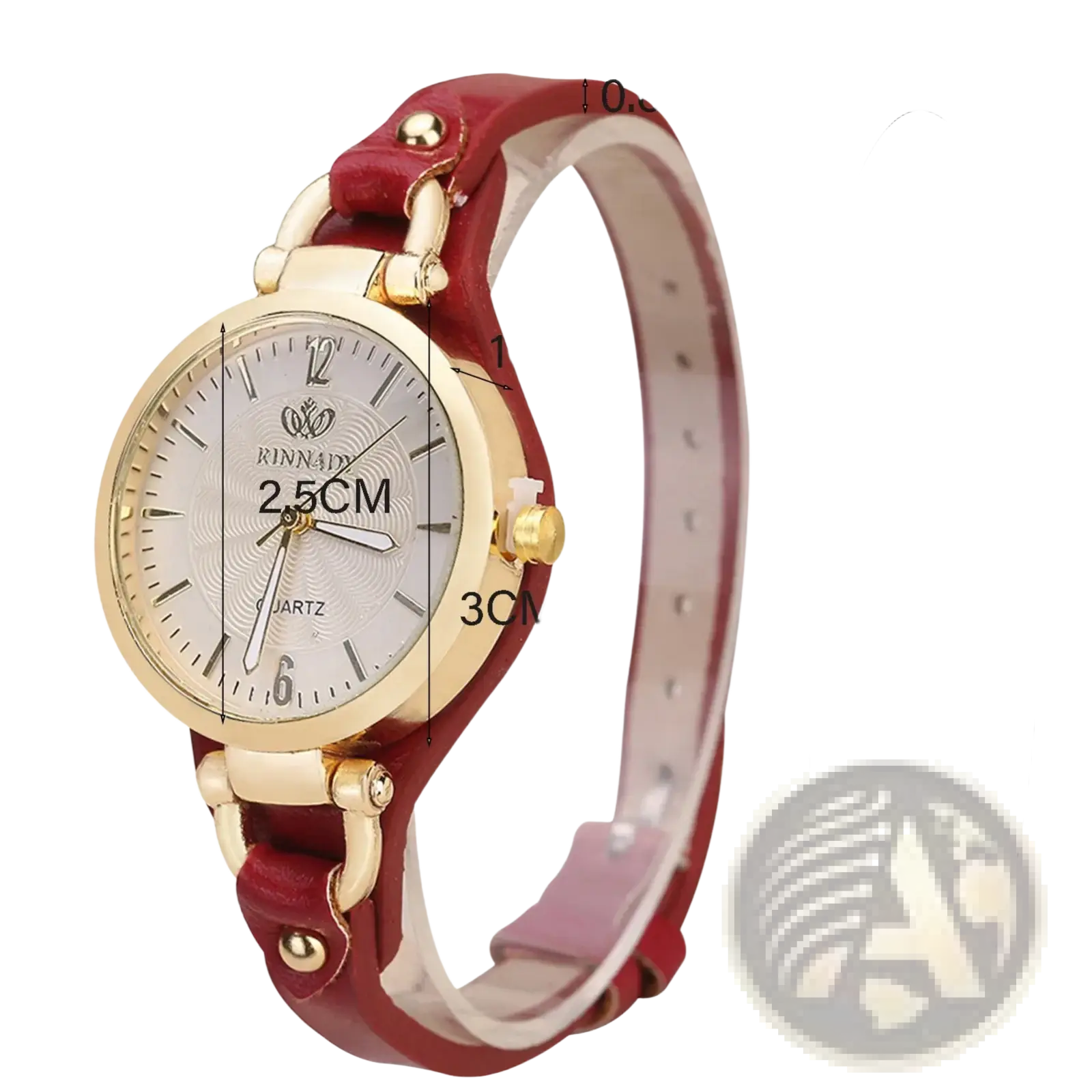 Women leather strap quartz watch with red leather band gold-tone case and silver dial with black hour markers