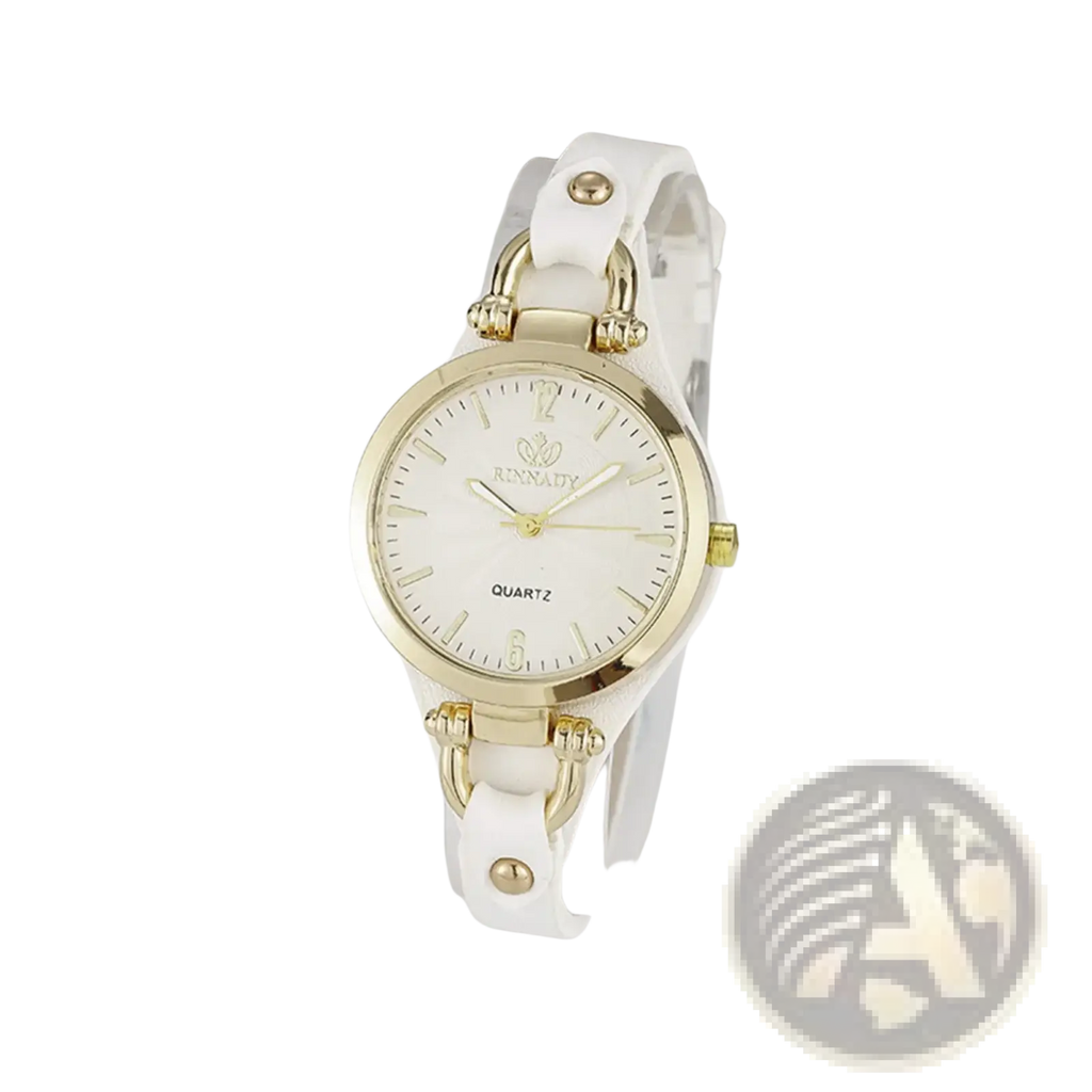 Women leather strap quartz watch with white leather band gold-tone accents and minimalist casual dial
