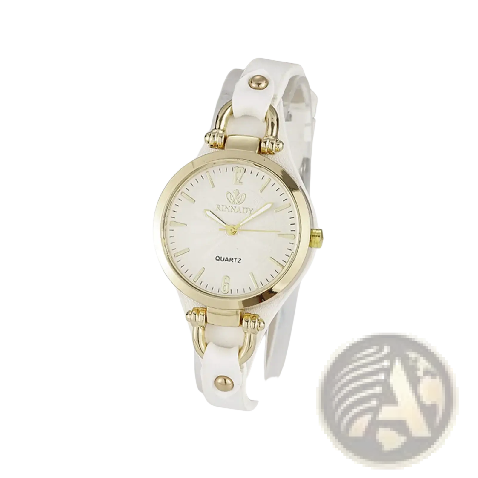 Women leather strap quartz watch with white leather band gold-tone accents and minimalist casual dial