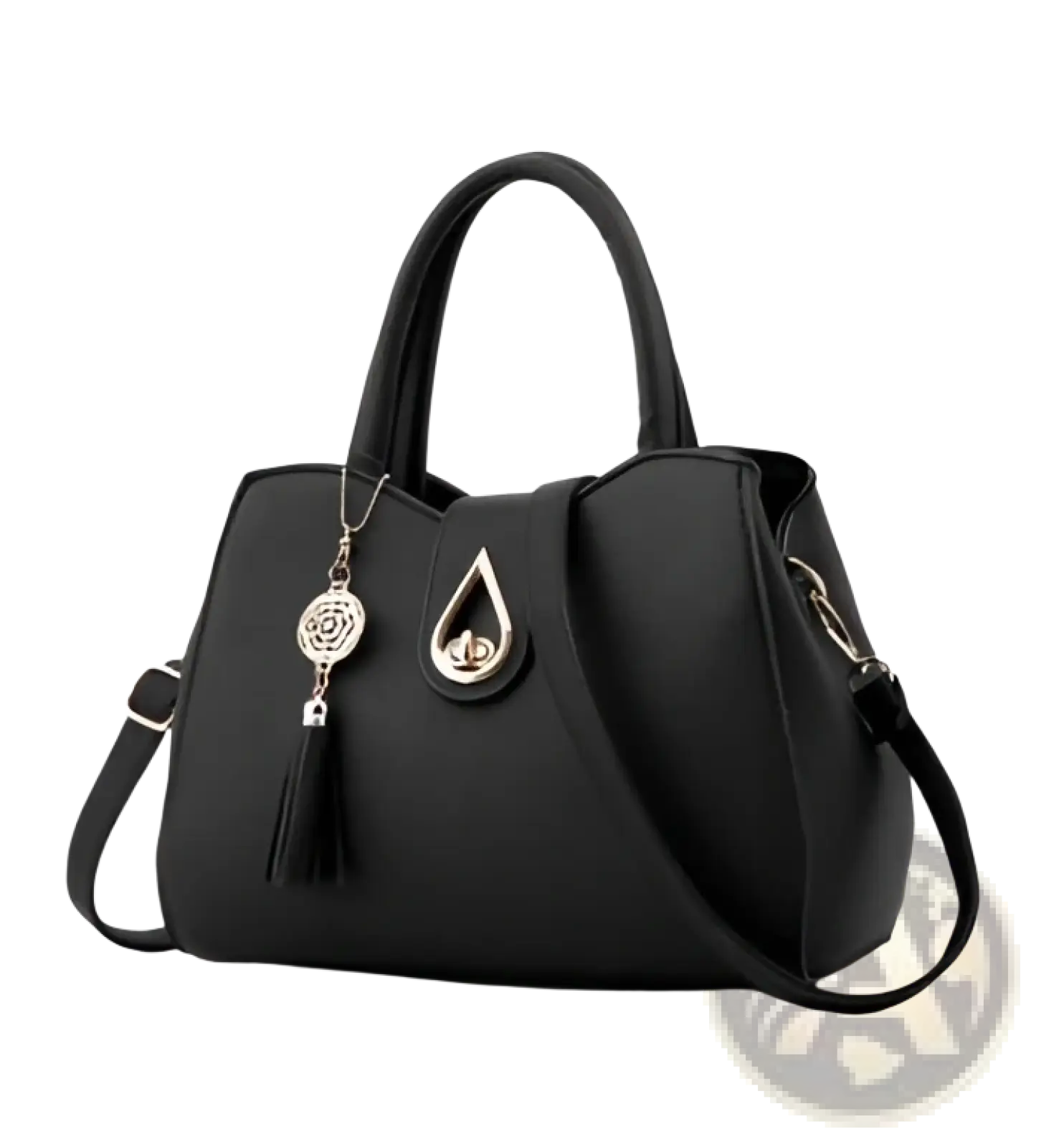 Black leather women handbag with textured finish gold-tone teardrop clasp and matching tassel charm large shoulder tote