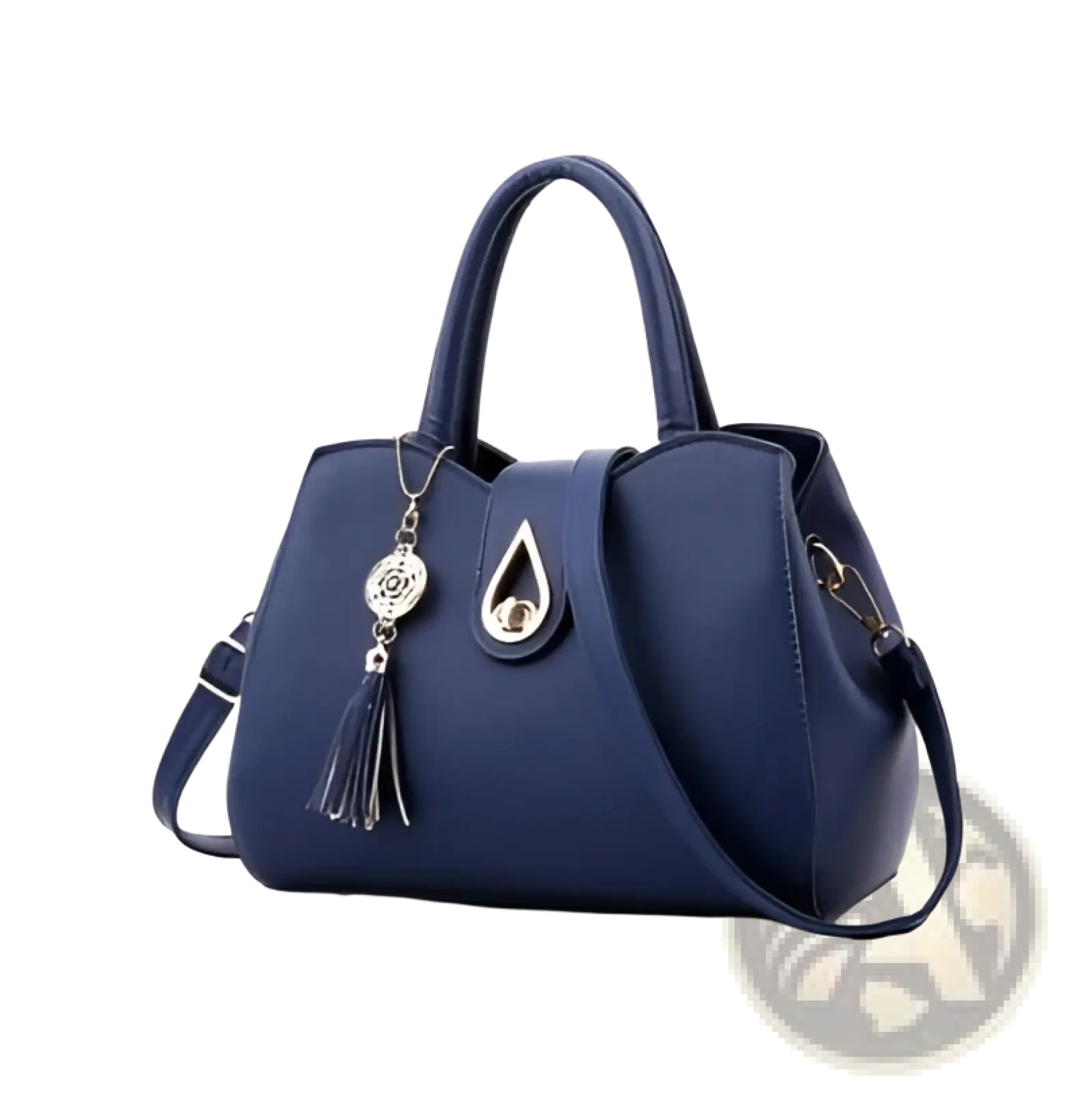 Deep blue faux leather large women leather tassel handbag with teardrop metallic clasp and dangling tassel charm