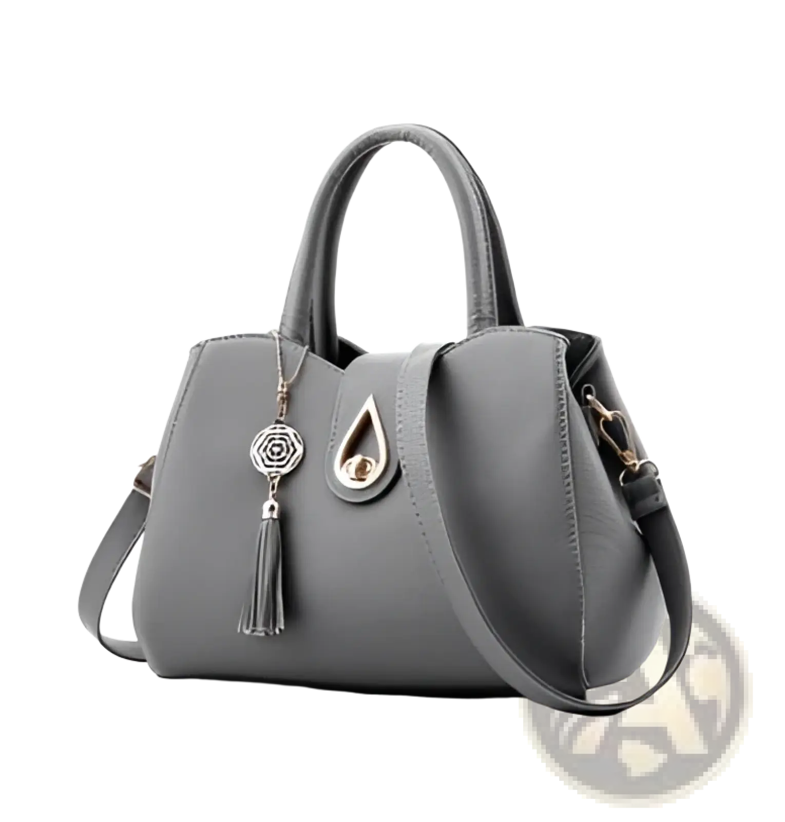Gray leather large women shoulder tote handbag with textured finish silver-toned dreamcatcher tassel and teardrop clasp