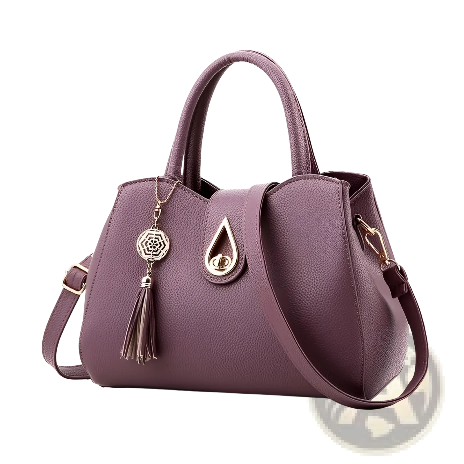 Purple textured leather women leather tassel handbag large shoulder tote bag with gold teardrop clasp and decorative tassel charm