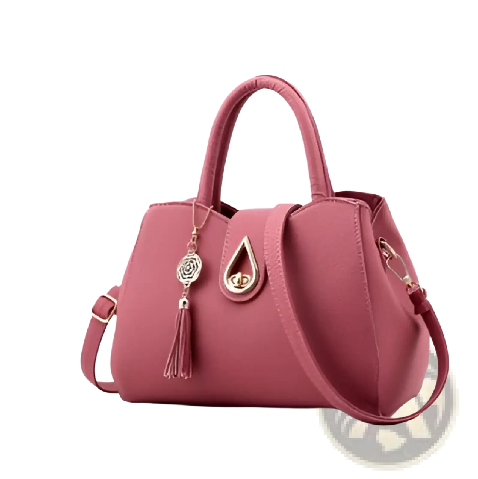 Pink textured leather large shoulder tote handbag with gold-tone hardware and dangling tassel charm for women
