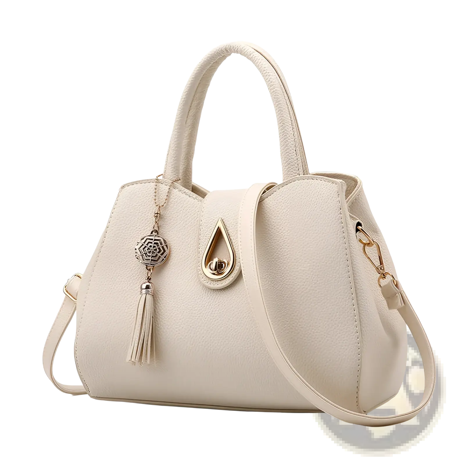 Cream-colored leather women tassel handbag with gold-tone hardware large shoulder tote bag for everyday use