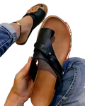 Women leather thong sandals casual flat platform slides in black leather with brown insole and red stitching along edge