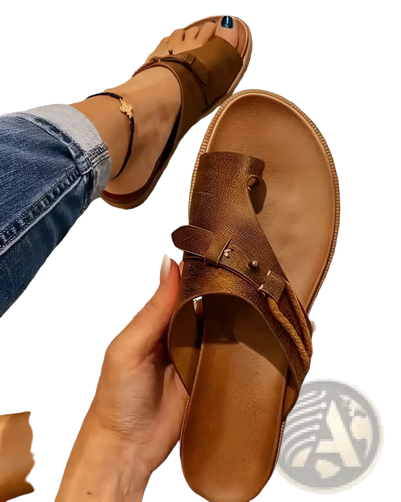 Women leather thong sandal in brown suede with decorative buckle and metallic studs for casual flat platform wear
