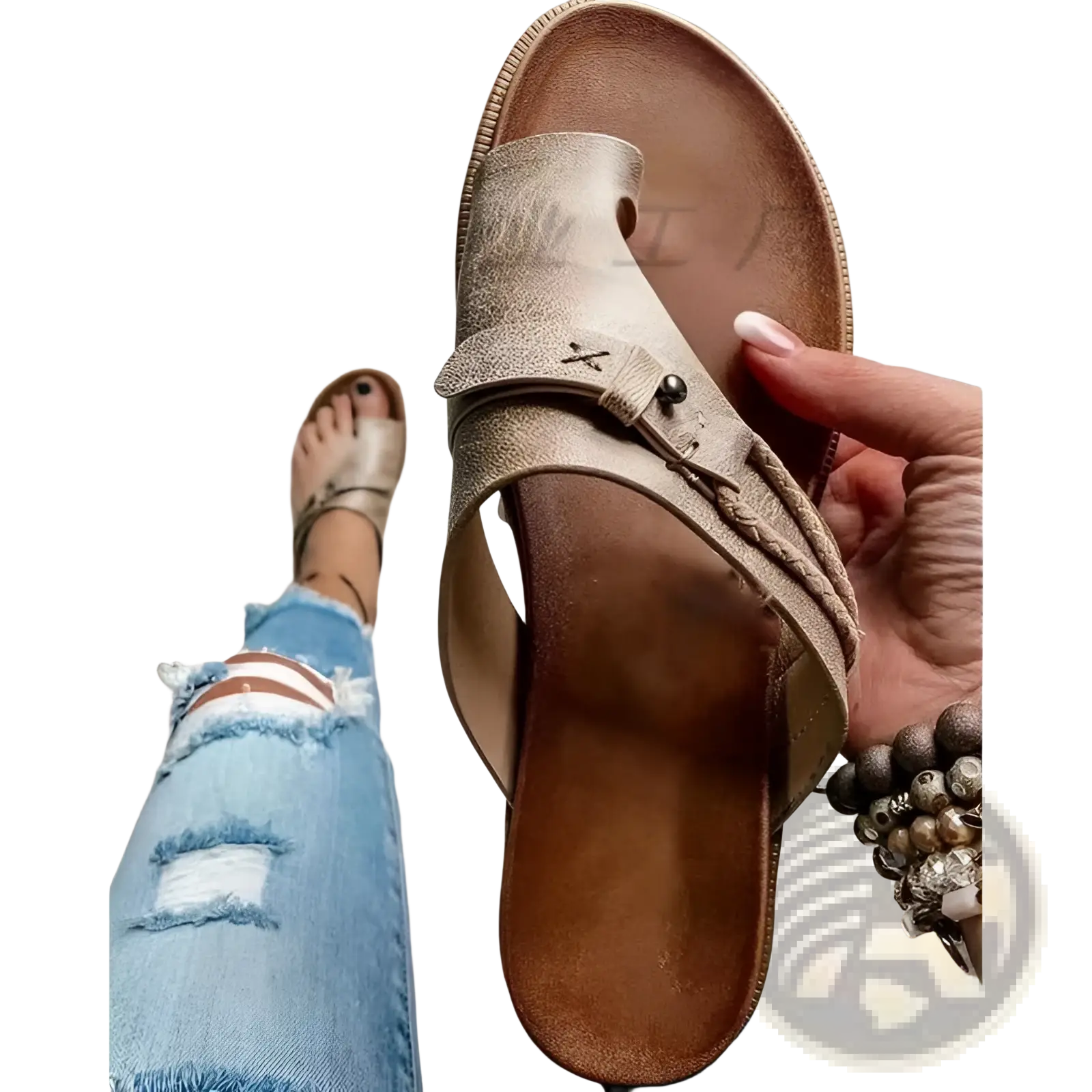 Beige leather women thong sandal with braided strap and metal buckle detail for casual flat platform slides