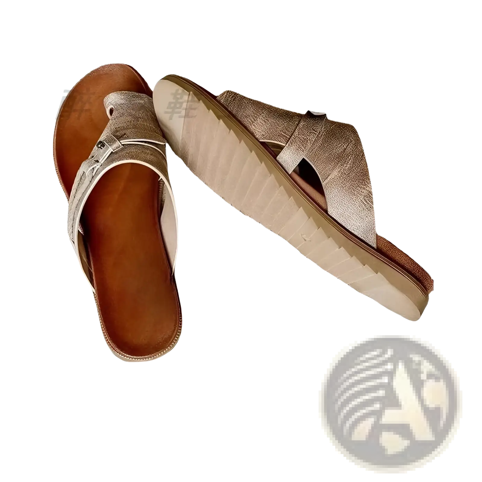 A pair of metallic gold-toned textured leather women leather thong sandals with brown insole and platform sole