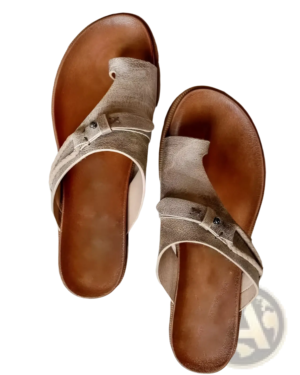 Beige suede women leather thong sandals with brown leather soles and metal accents for casual flat platform slides