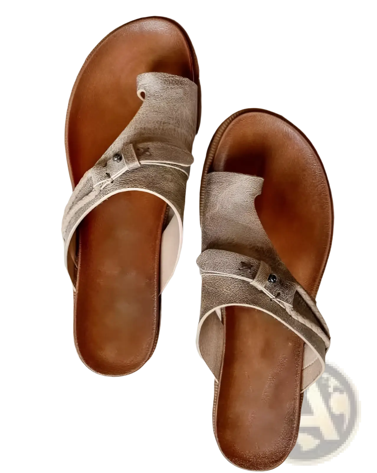 Beige suede women leather thong sandals with brown leather soles and metal accents for casual flat platform slides