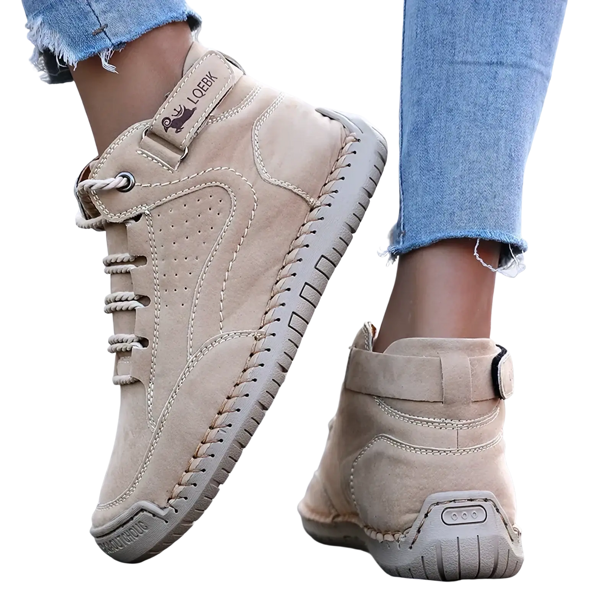 Beige suede women leather walking high-top sneakers with stitched design and lace-up closure for breathable ankle boots