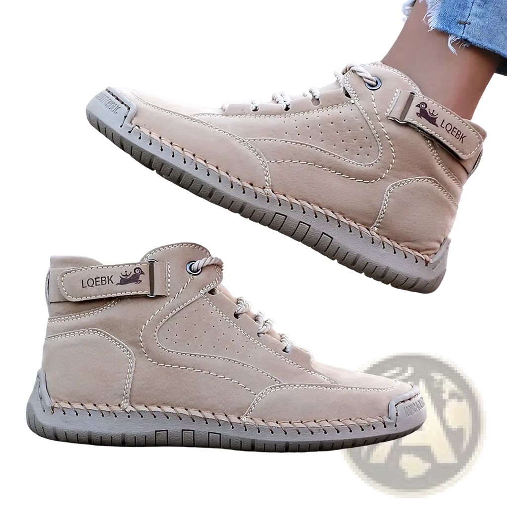 Beige suede women leather walking sneakers with visible stitching and branded ankle strap breathable ankle boots
