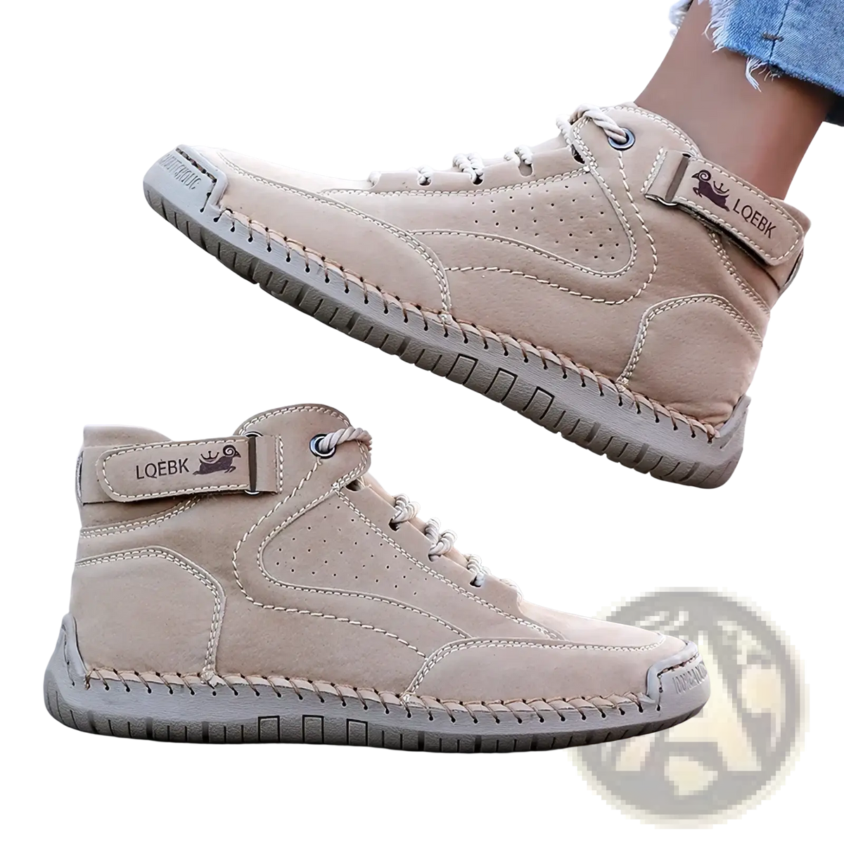 Beige suede women leather walking sneakers with visible stitching and branded ankle strap breathable ankle boots