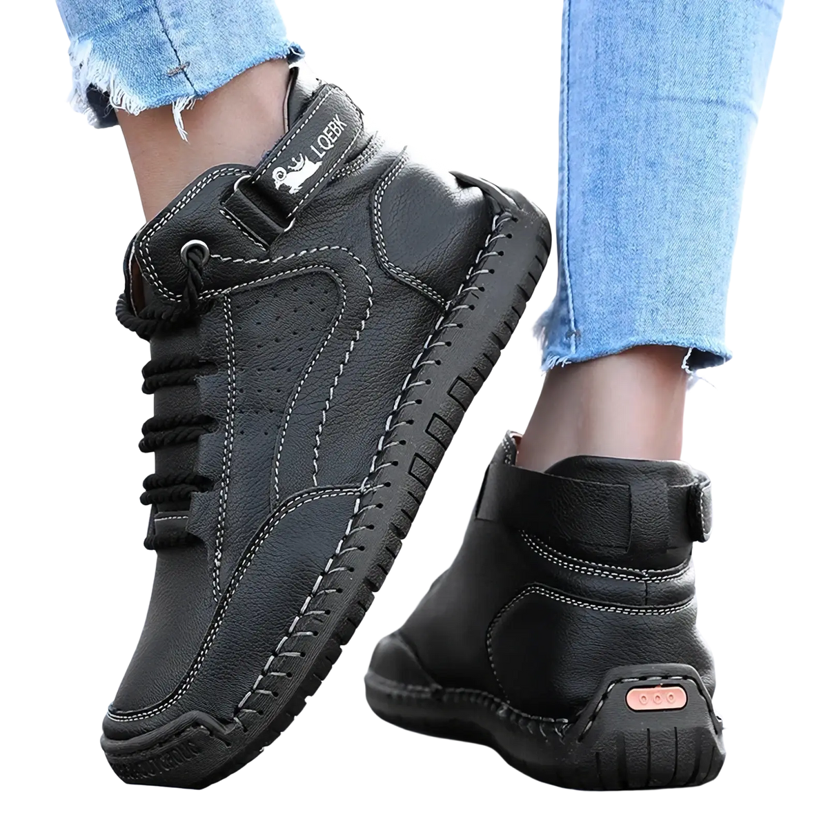 Black leather women walking sneakers ankle boots with white stitching and breathable textured rubber sole