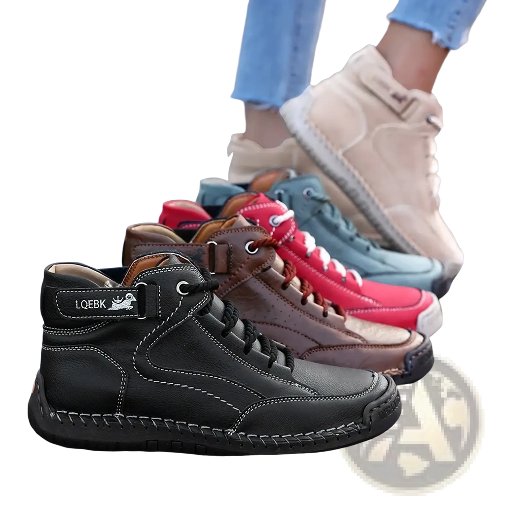 Black high-top leather women walking sneakers with white stitching and a branded strap featuring breathable ankle boots