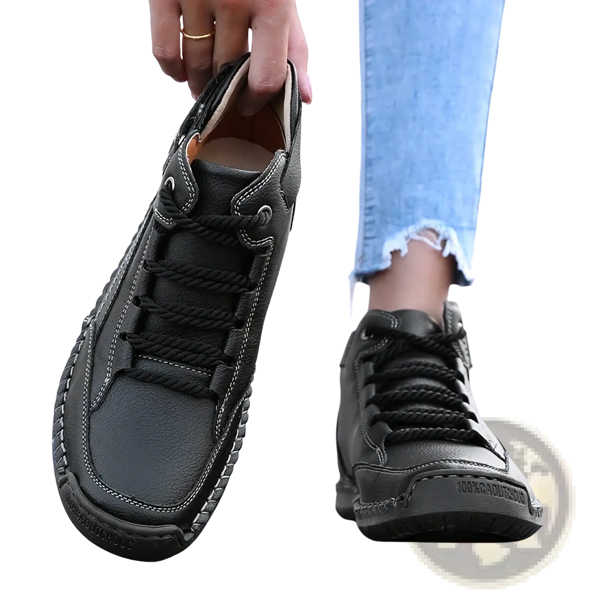 Black leather breathable women walking sneakers with thick rope laces and visible stitching details