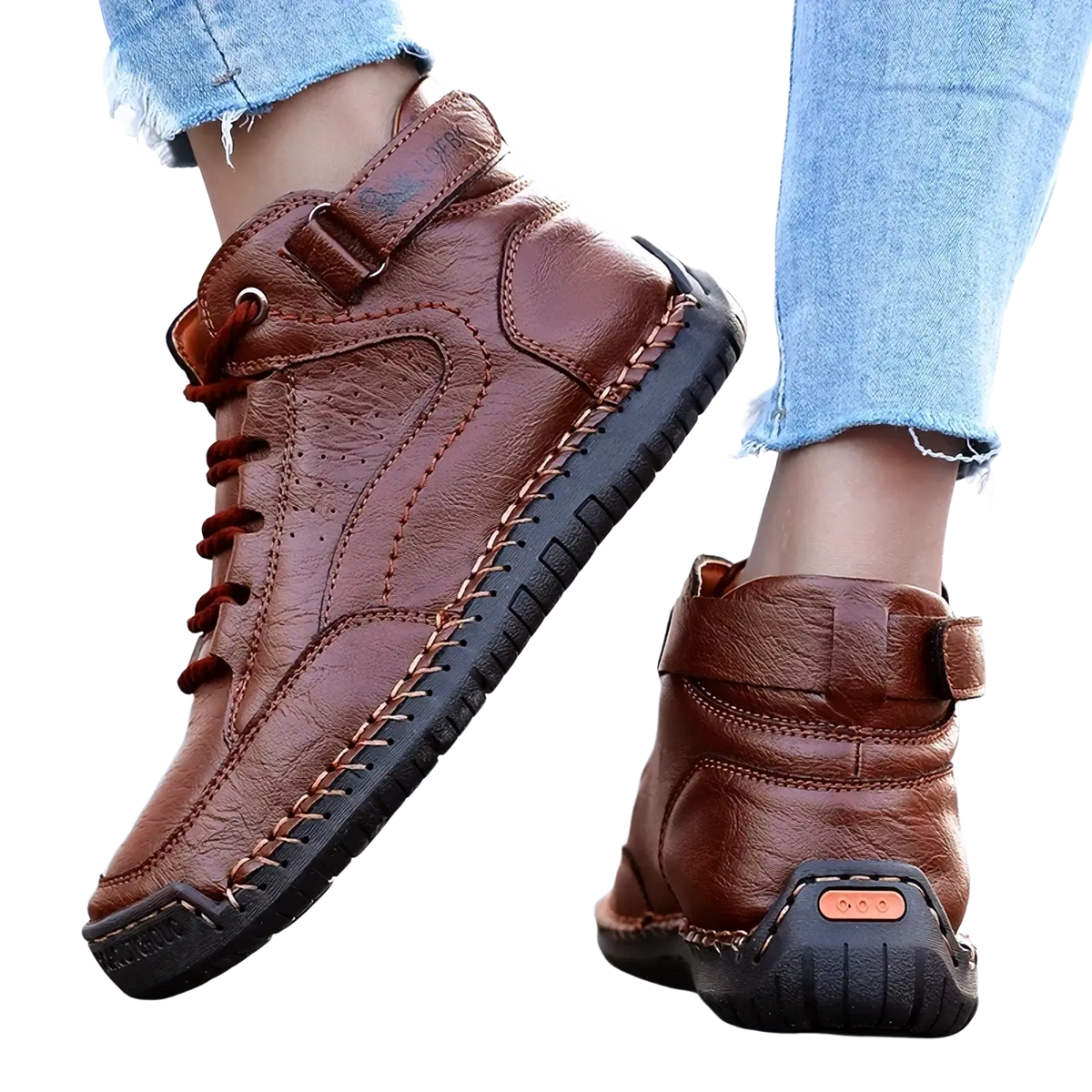 Brown leather women walking sneakers with breathable ankle high tops featuring visible stitching and rugged sole