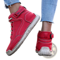 Women leather walking sneakers in red high tops with white laces and beige rubber sole featuring visible stitching