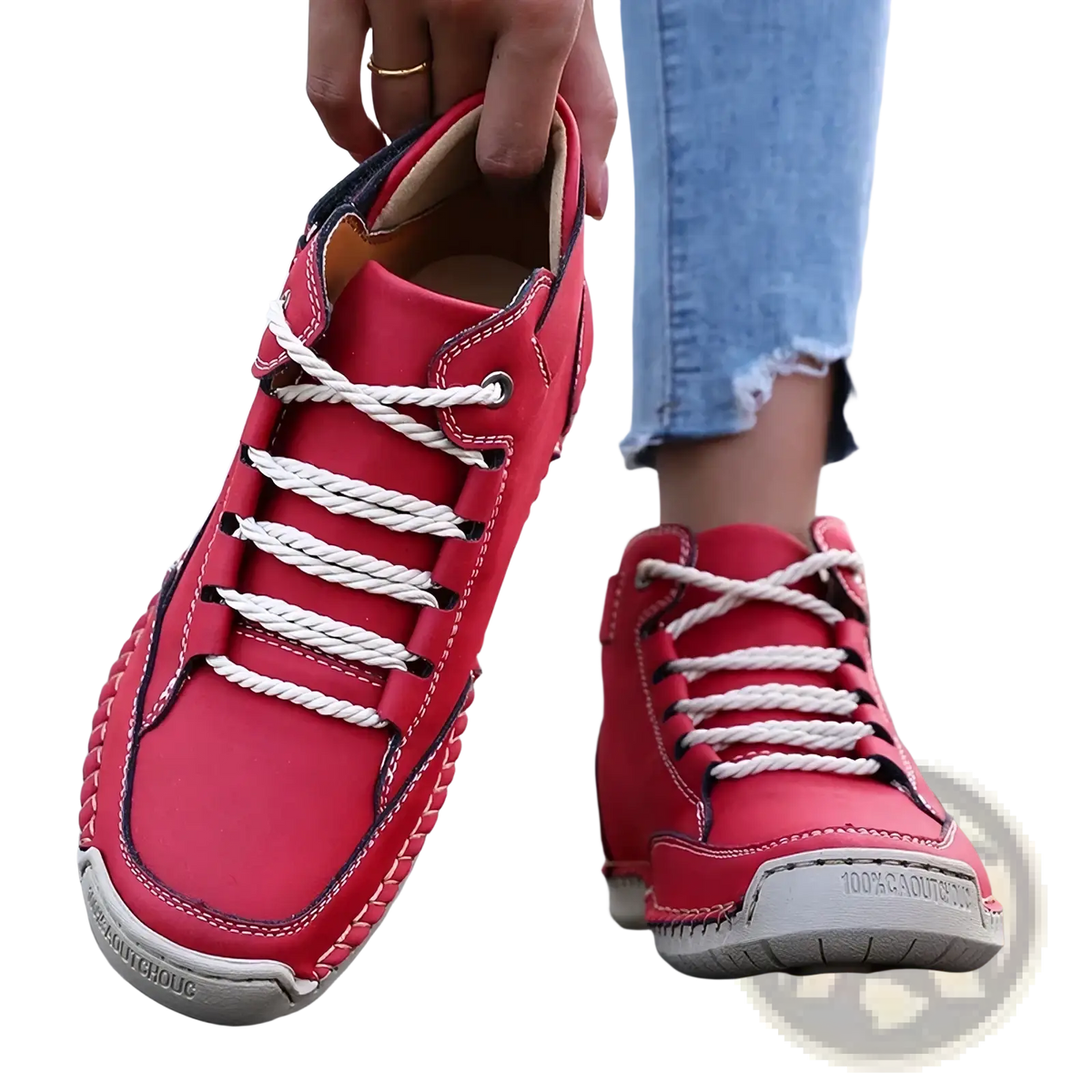 Women leather walking sneakers breath breathable red high-top ankle boots with white rope laces and black stitching details