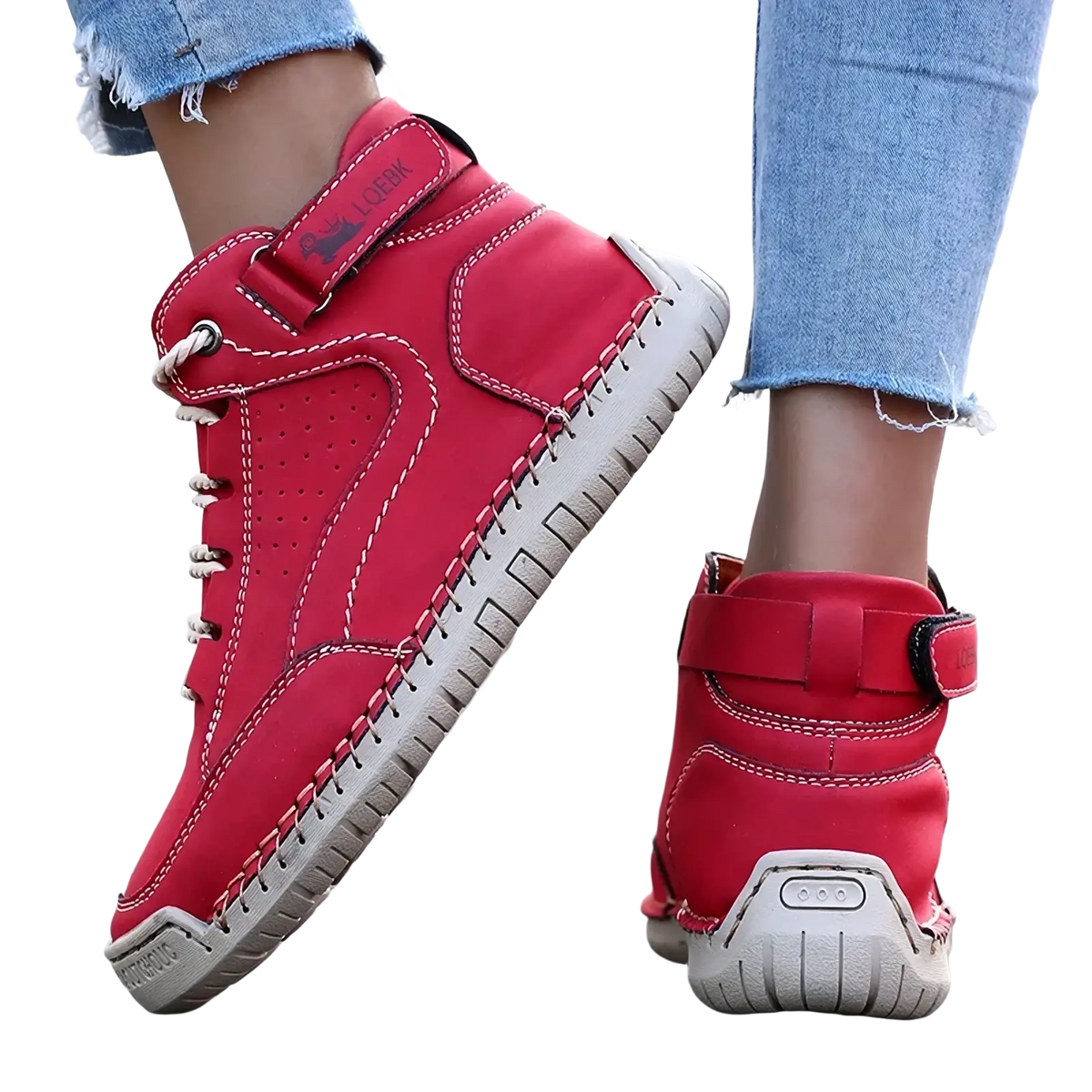 Women leather walking sneakers in red high tops with white laces and beige rubber sole featuring visible stitching