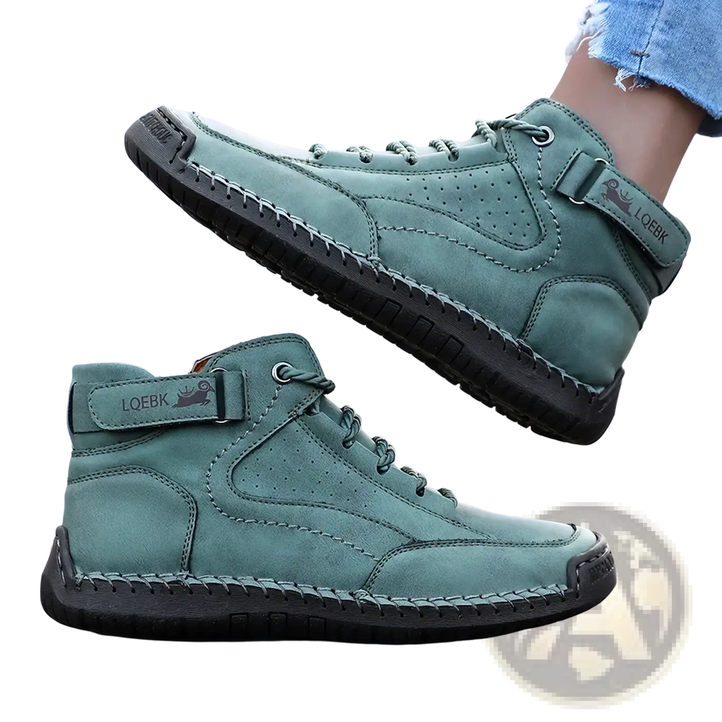 Teal suede women leather walking sneakers breathable ankle boots with black rubber soles and stitched detailing