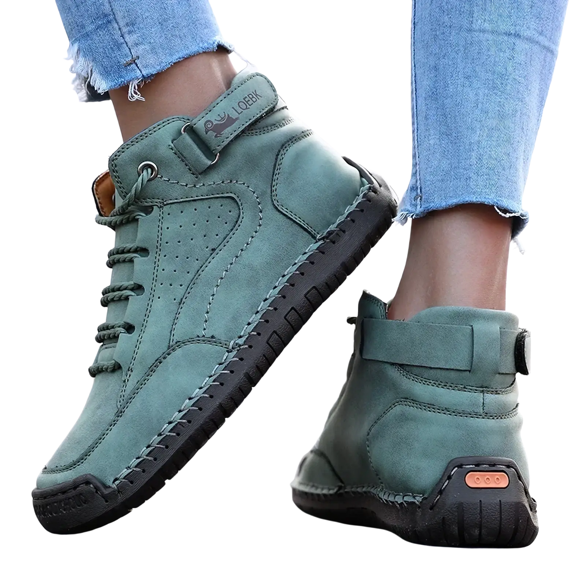 Teal suede women leather walking sneakers with breathable ankle boots featuring black rubber soles and orange accents