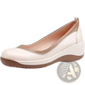 Women leather wedge shoes casual slip on cream-colored pump with tan accent panel and brown rubber sole