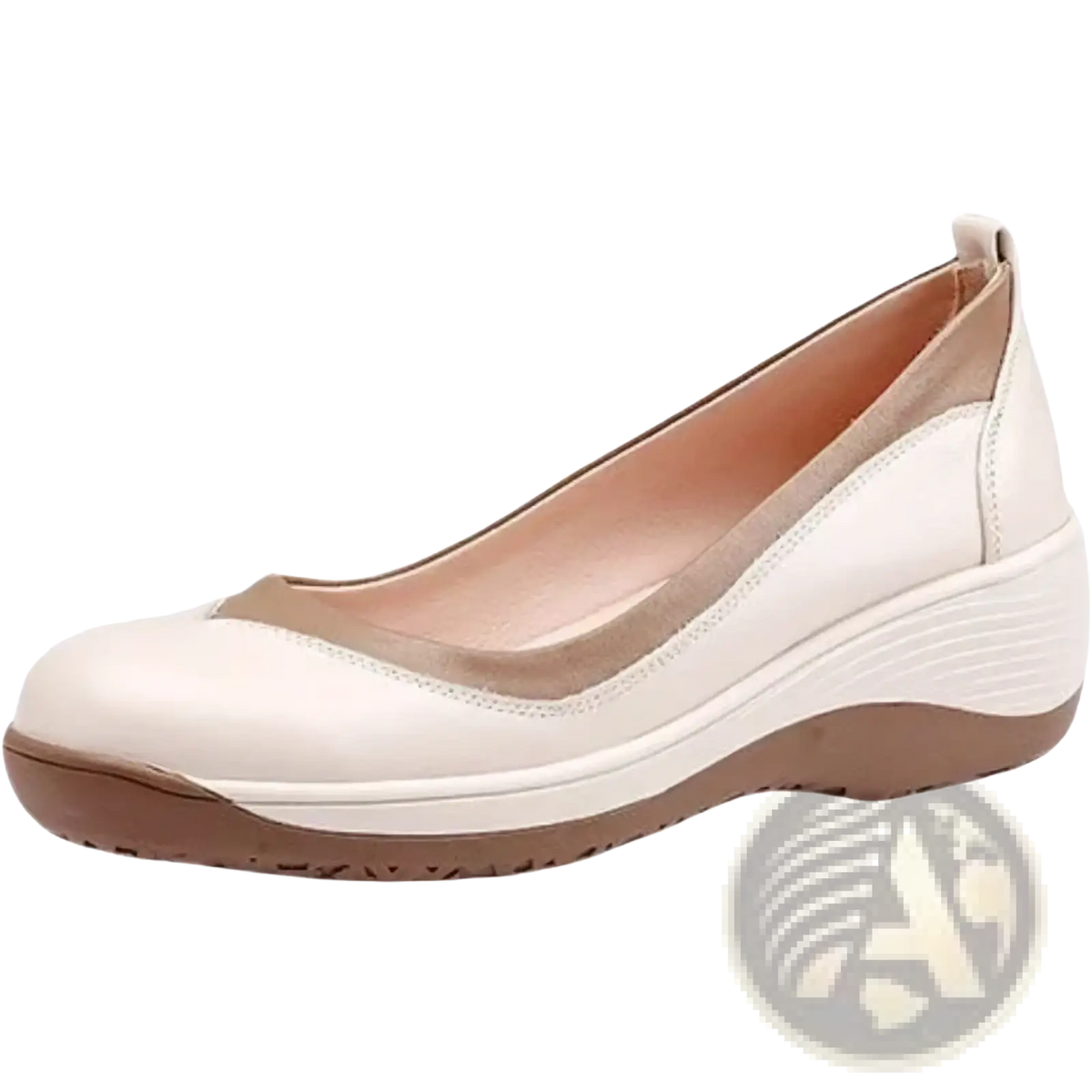 Women leather wedge shoes casual slip on cream-colored pump with tan accent panel and brown rubber sole
