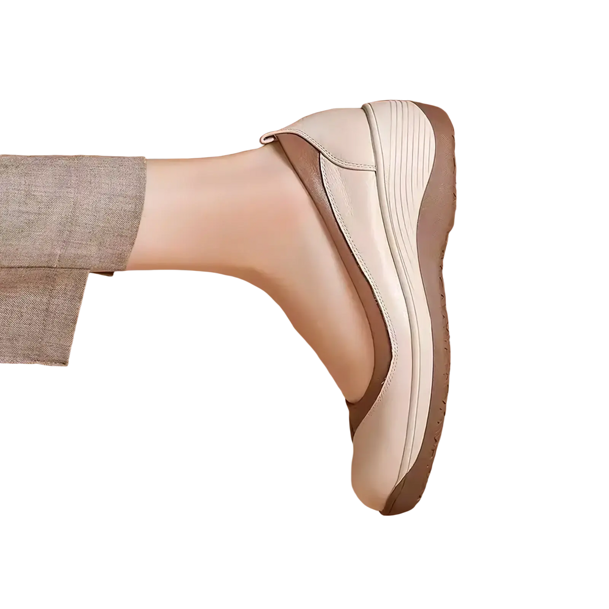 Beige and taupe leather women casual slip on wedge shoes with cushioned ribbed sole shown from the back side