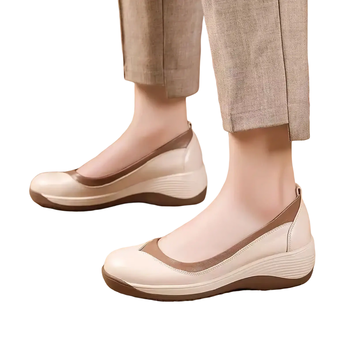 Cream-colored leather women wedge shoes with brown accent stripe and textured sole for casual slip on wear