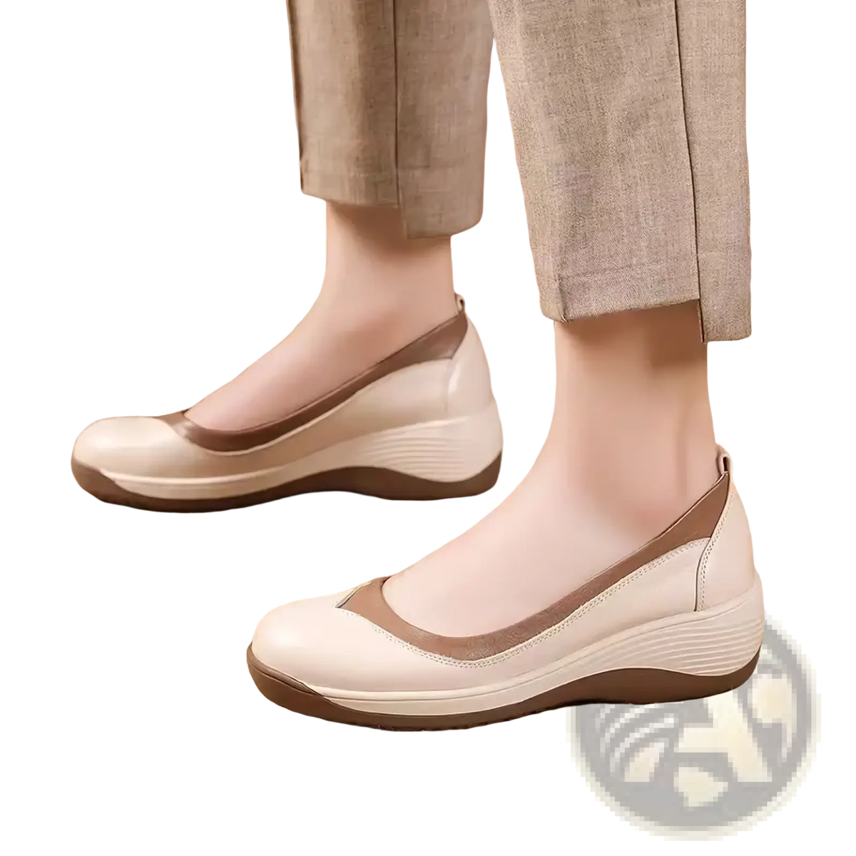 Cream-colored leather women wedge shoes with brown accent stripe and textured sole for casual slip on wear