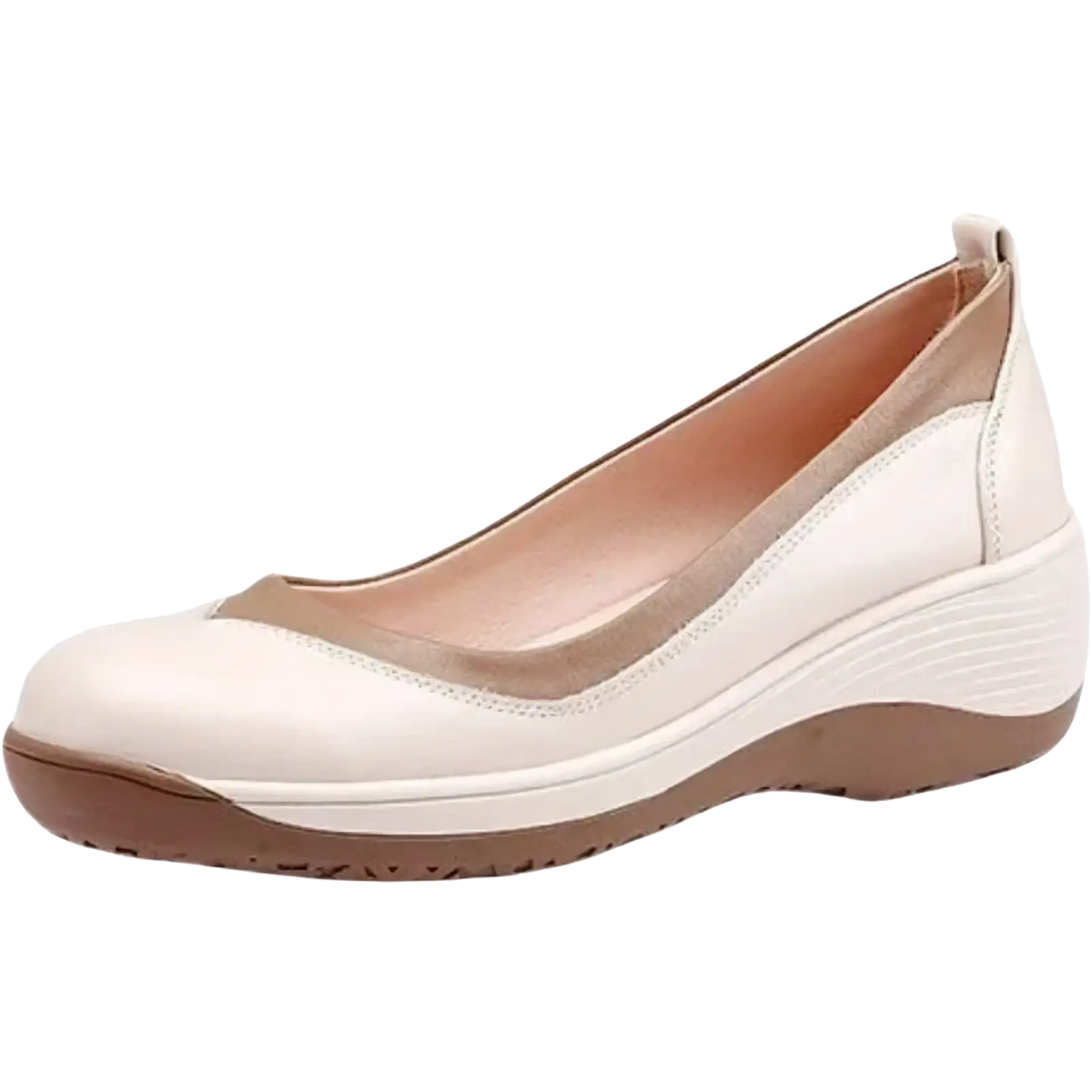 Women leather wedge shoes casual slip on cream-colored pump with tan accent panel and brown rubber sole