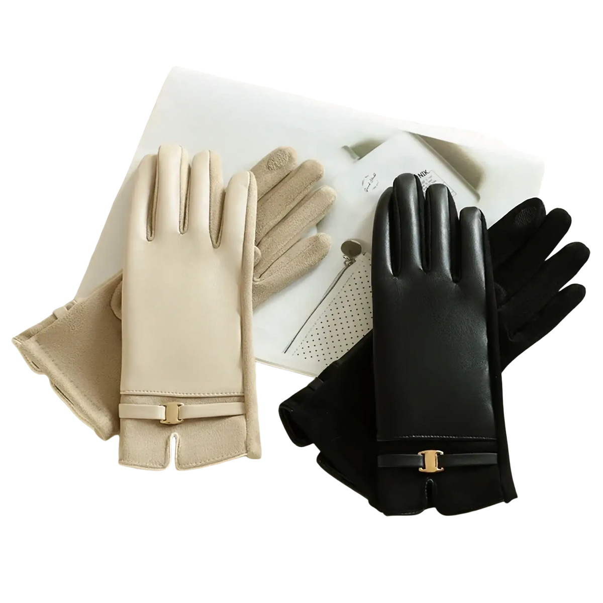 Beige and black women leather winter gloves with gold-tone buckle accents touchscreen compatible shown from the back side