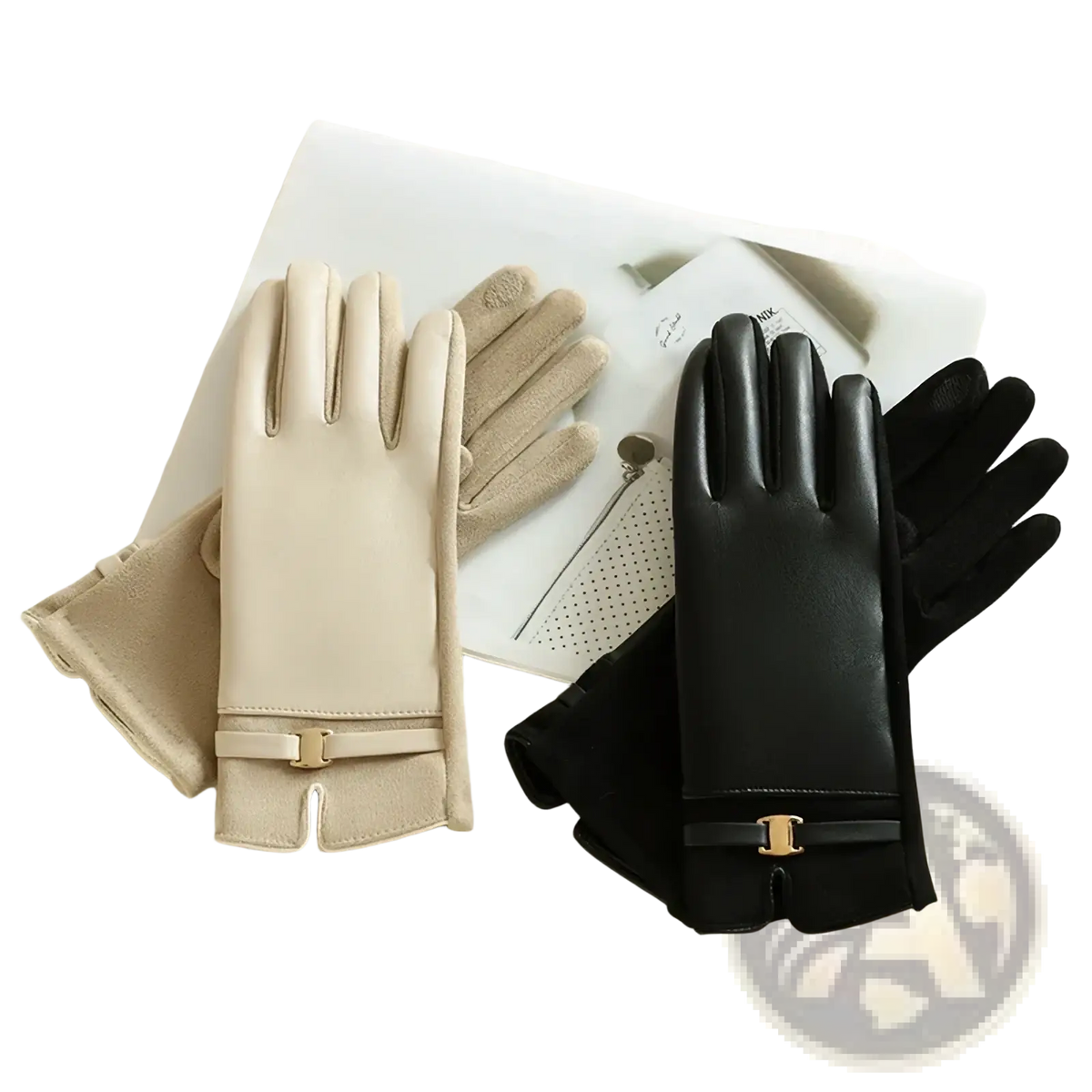 Beige and black women leather winter gloves with gold-tone buckle accents touchscreen compatible shown from the back side