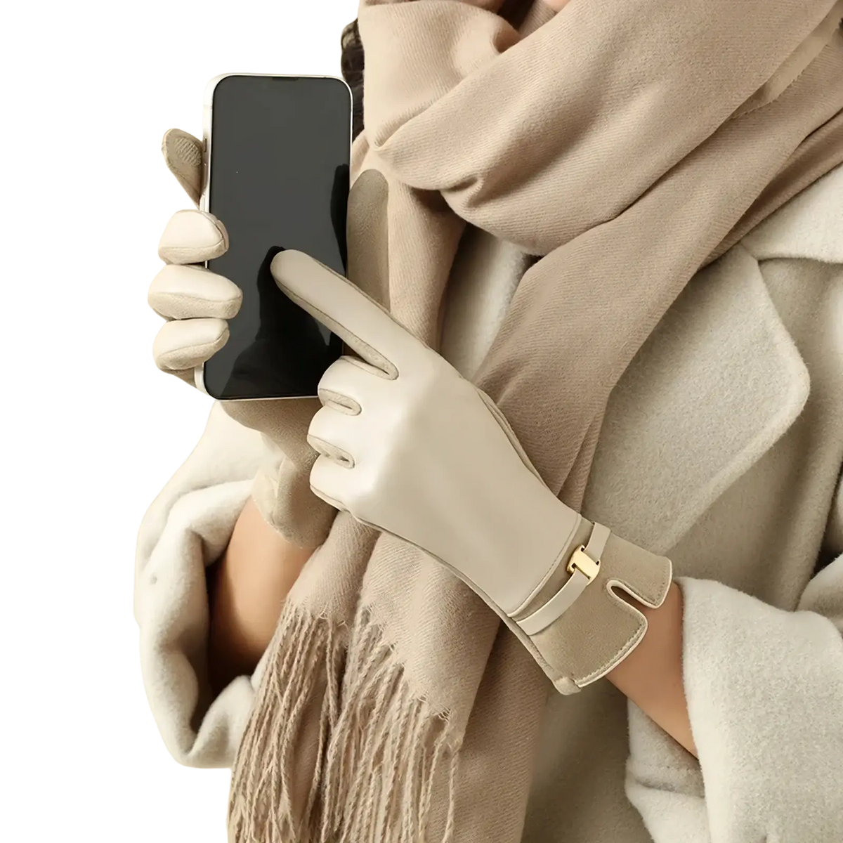 Beige leather women winter gloves with gold-tone buckle at the wrist touchscreen compatible showing back side