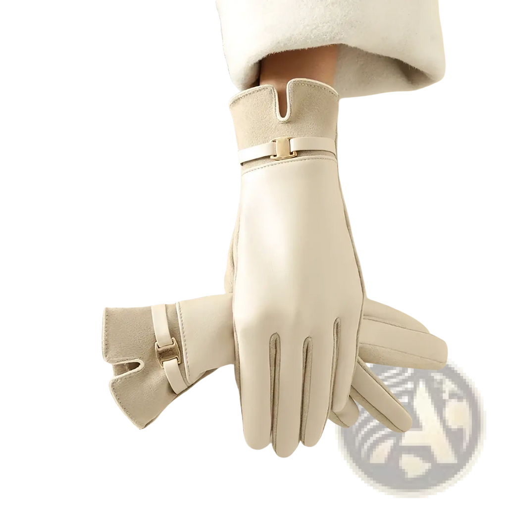 Cream-colored leather women leather winter gloves with touchscreen capability and gold-tone buckle accents back view