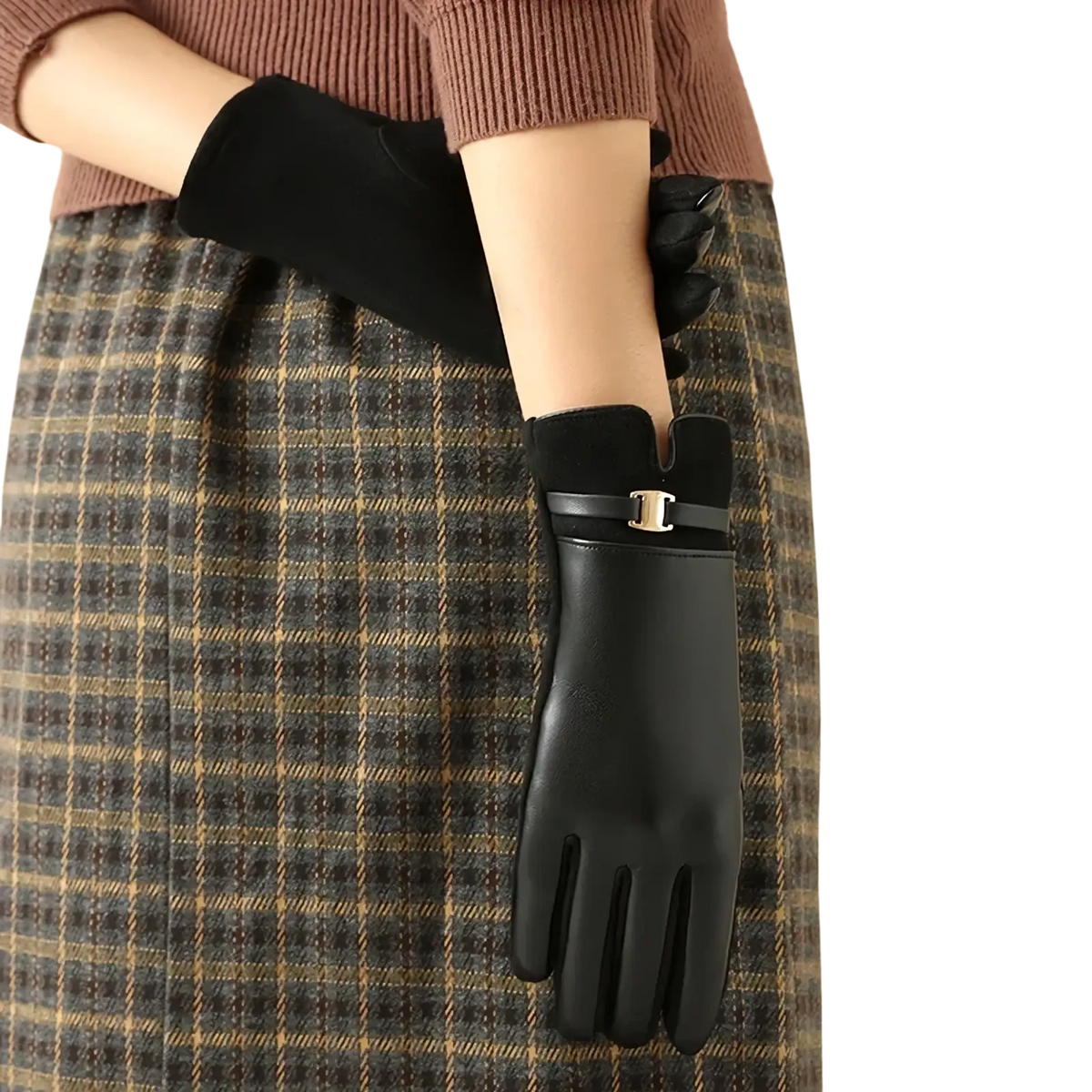 Black leather women winter gloves with gold-tone buckle on the back and touchscreen compatibility