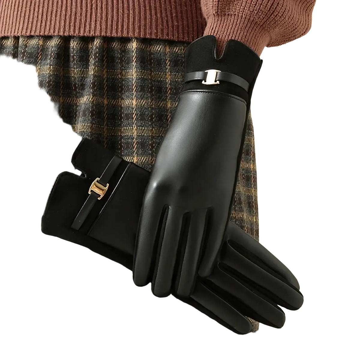 Black leather women winter gloves with touchscreen capability featuring a glossy finish and gold-tone buckle accents
