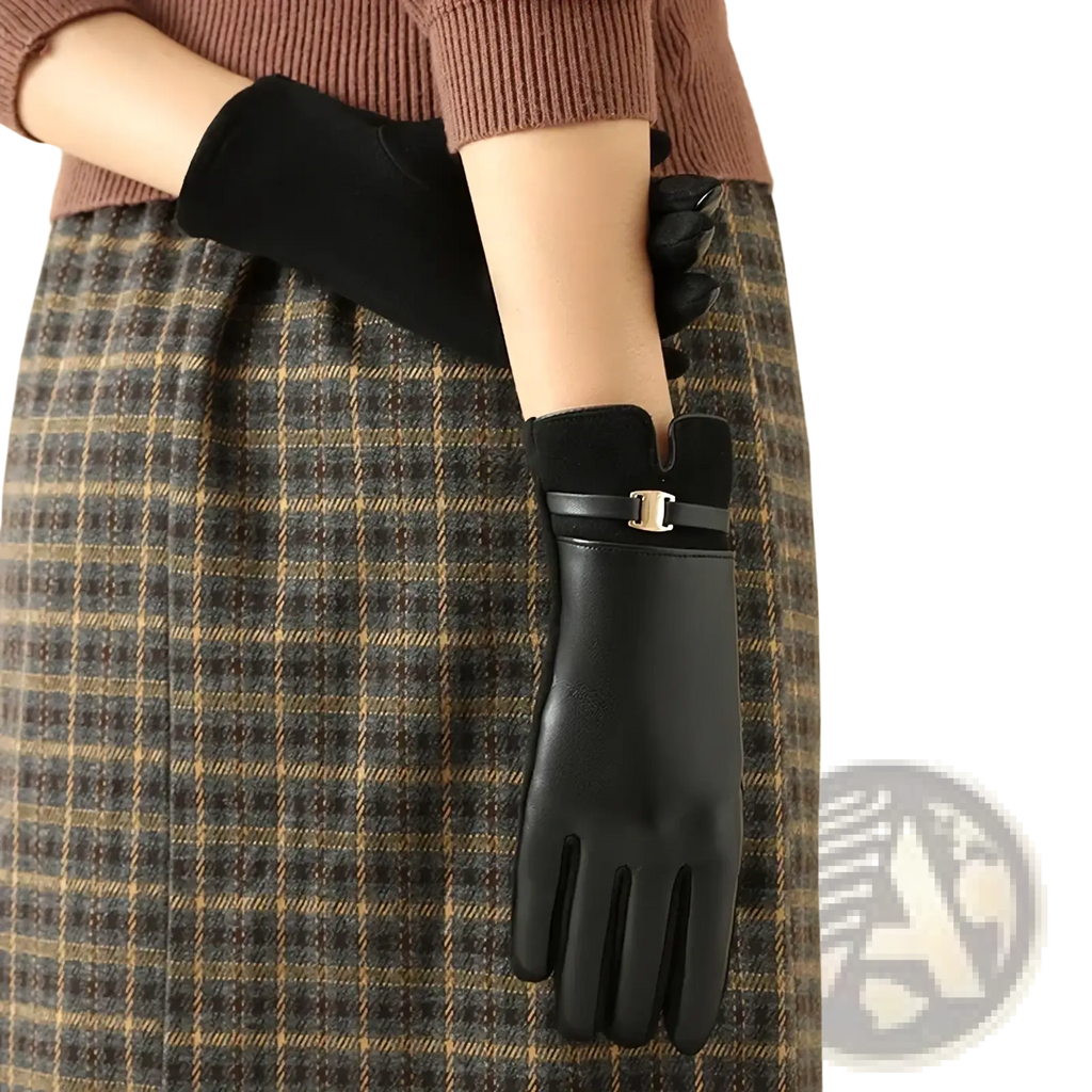 Black leather women winter gloves with gold-tone buckle on the back and touchscreen compatibility