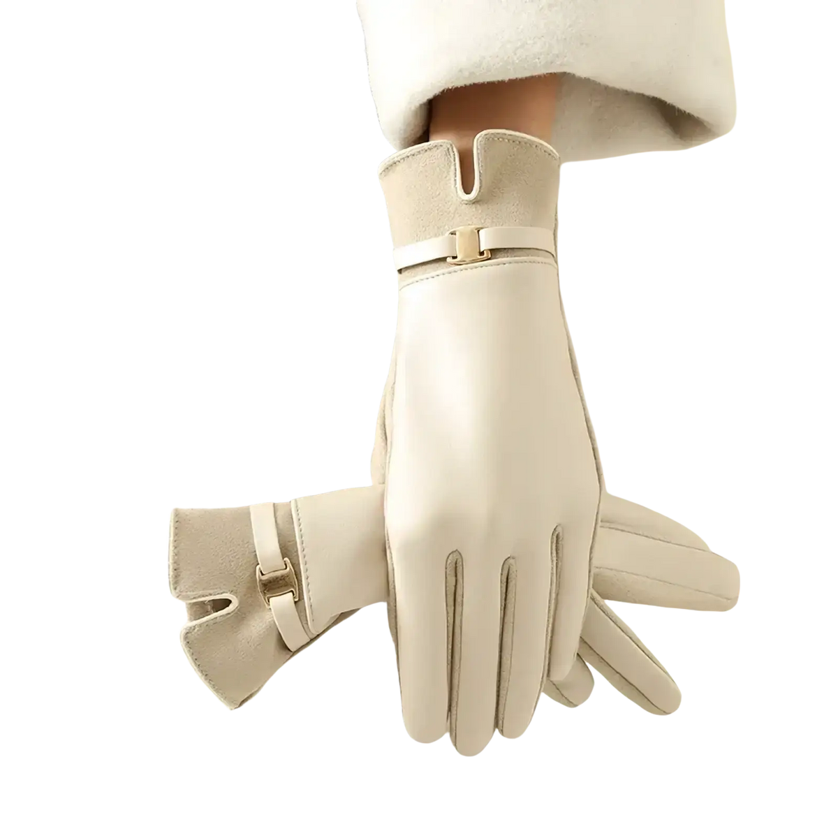 Cream-colored leather women winter gloves with plush cuff and gold-tone buckle detailing for touchscreen use