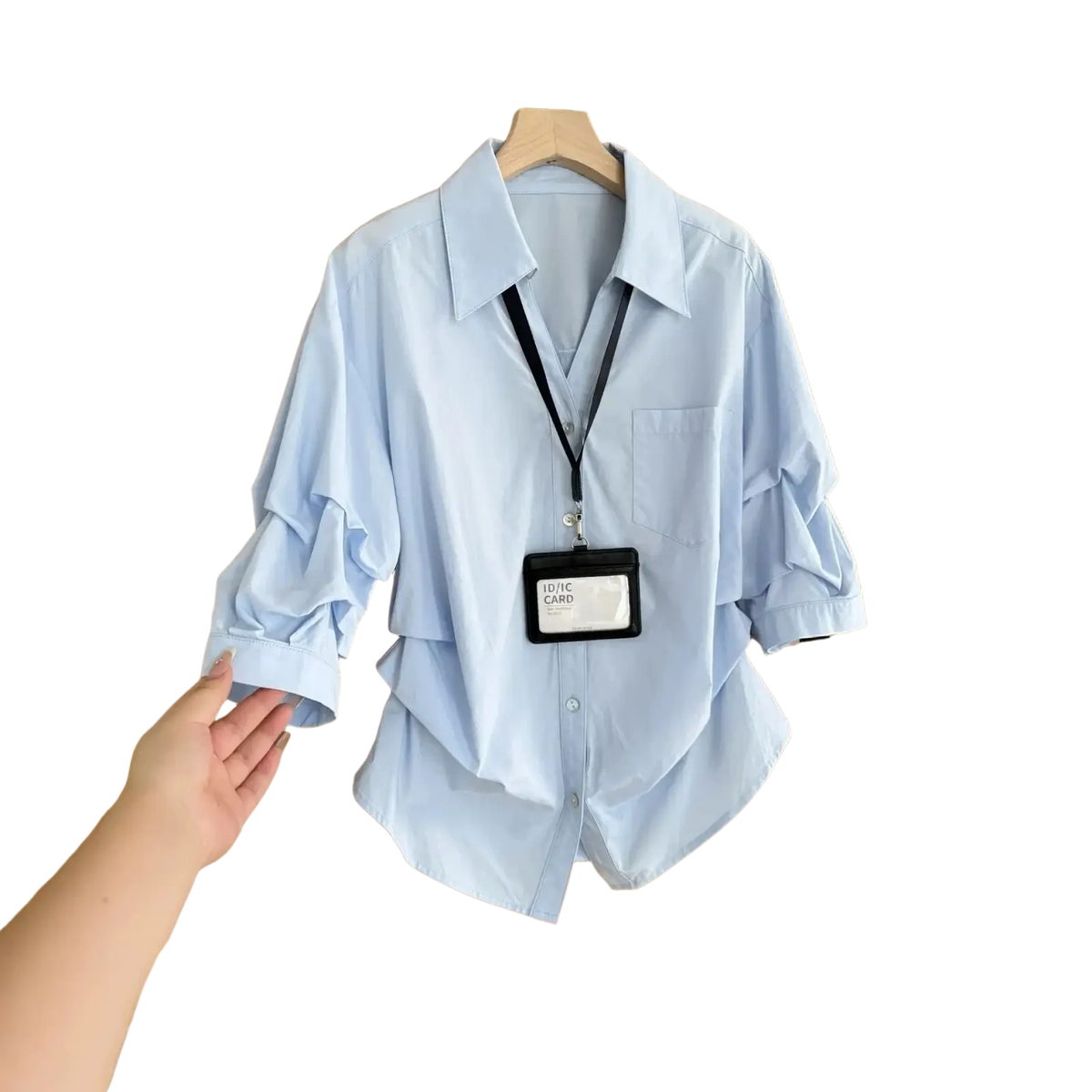 Women light blue spring summer casual button down shirt with ruffled cuffs and relaxed fit long sleeves