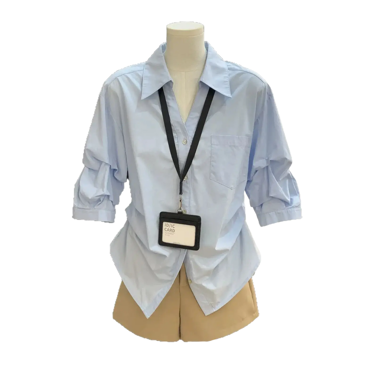 Women light blue spring summer casual button down shirt with rolled sleeves and front pocket in oversized fit